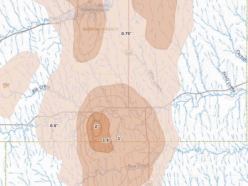 Radar-estimated hail-size map of the storm over Lenora, KS on May 30, 2026