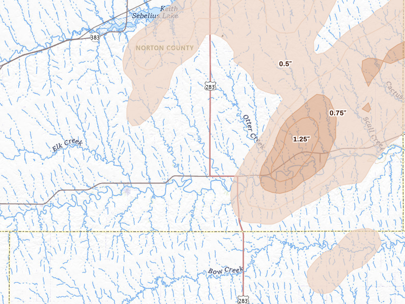 Radar-estimated hail-size map of the storm over Lenora, KS on Jun 9, 2026