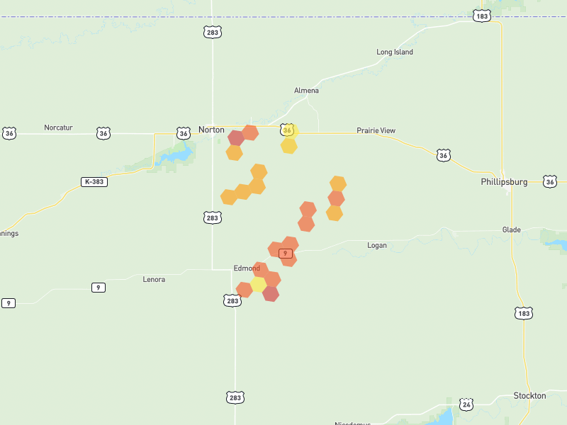 Hail map of Lenora, KS on Jun 9, 2026, hail up to 2"