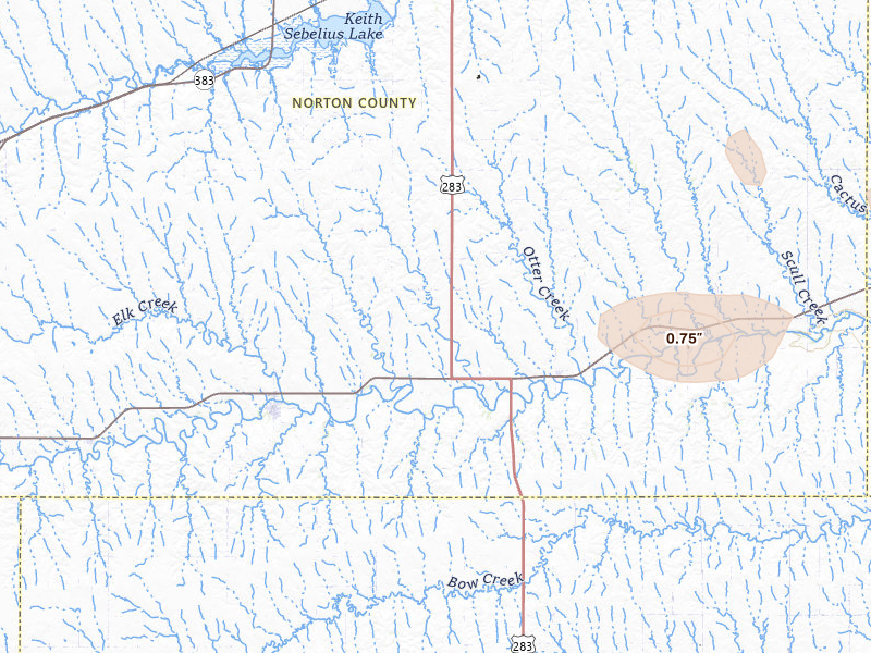Radar-estimated hail-size map of the storm over Lenora, KS on Jun 24, 2026