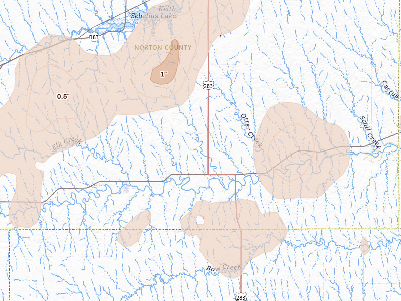 Radar-estimated hail-size map of the storm over Lenora, KS on Jul 1, 2026