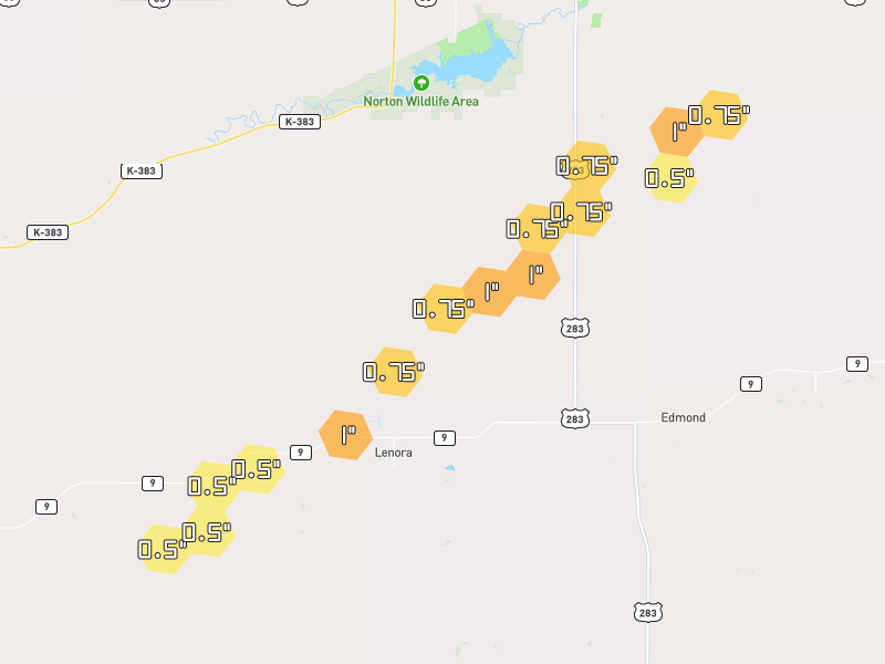 Hail map of Lenora, KS on Jul 1, 2026, hail up to 1"