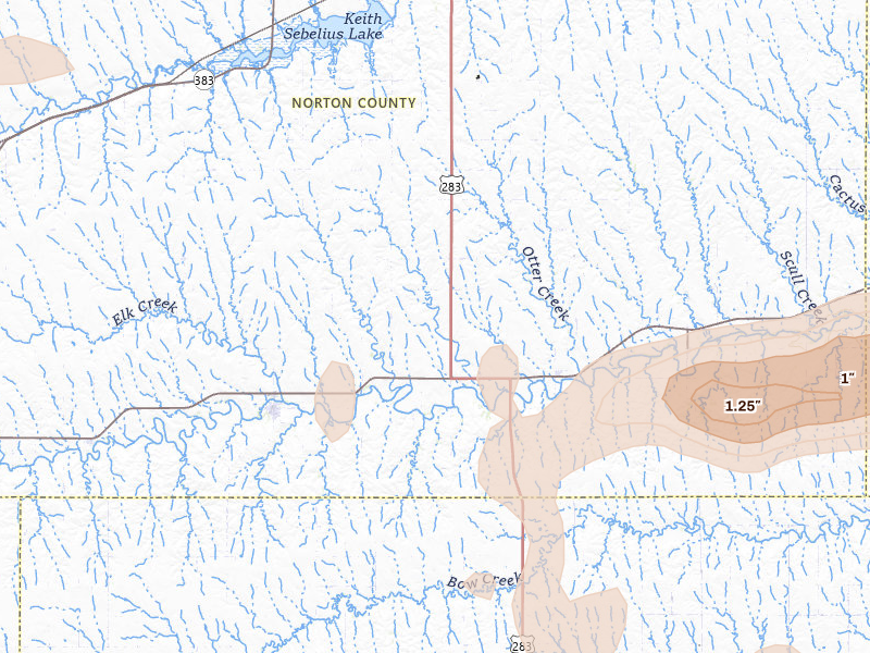 Radar-estimated hail-size map of the storm over Lenora, KS on Jul 3, 2026