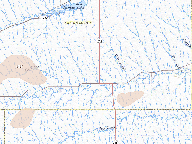 Radar-estimated hail-size map of the storm over Lenora, KS on Jul 27, 2026
