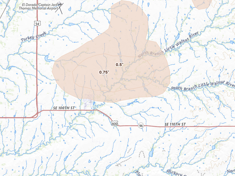 Radar-estimated hail-size map of the storm over Leon, KS on May 22, 2026