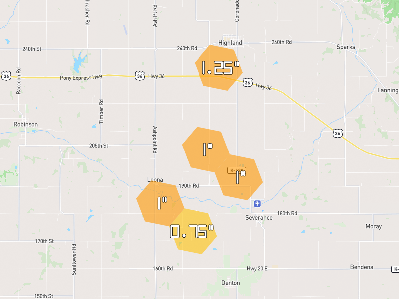 Hail map of Leona, KS on Jun 4, 2026, hail up to 1.25"