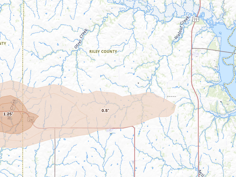 Radar-estimated hail-size map of the storm over Leonardville, KS on May 14, 2026