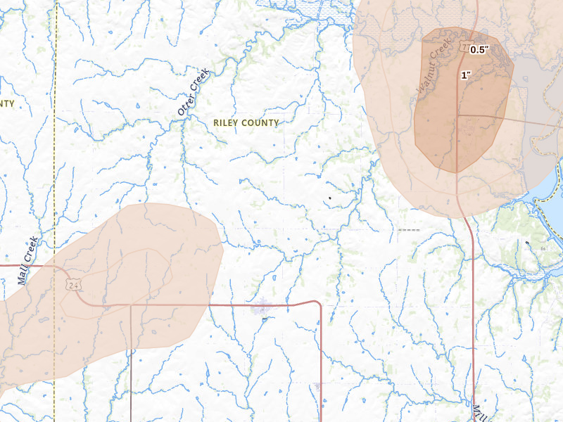 Radar-estimated hail-size map of the storm over Leonardville, KS on May 29, 2026