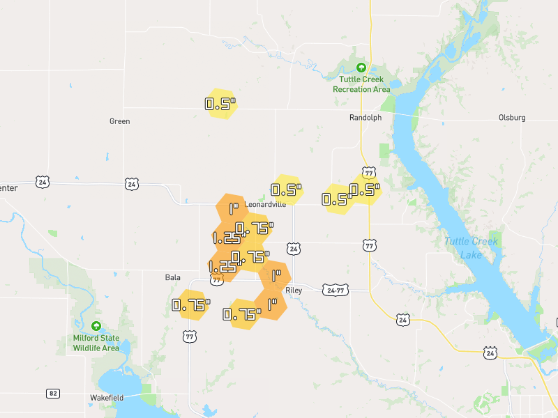 Hail map of Leonardville, KS on Jun 4, 2026, hail up to 1.25"