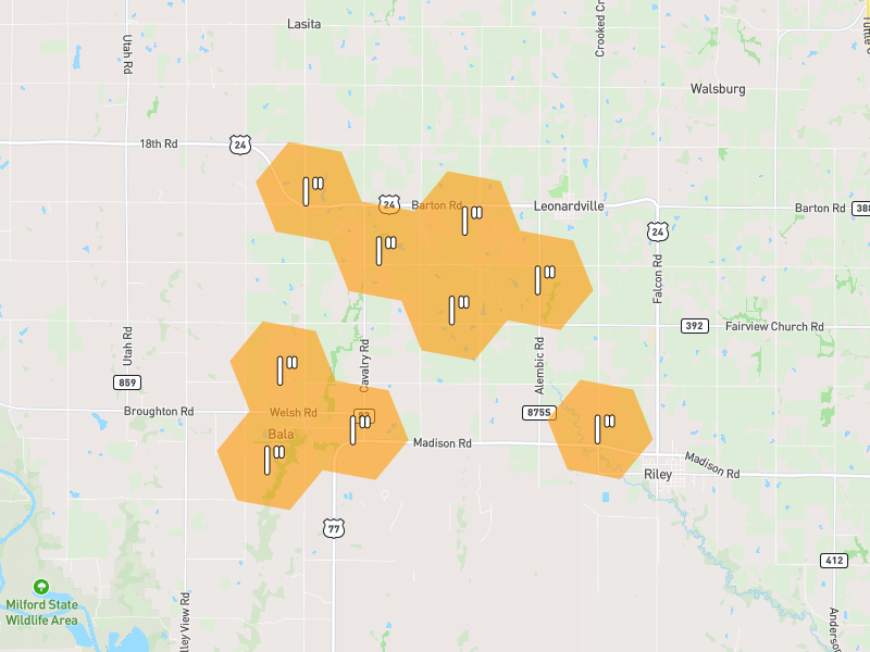 Hail map of Leonardville, KS on Jun 9, 2026, hail up to 1"