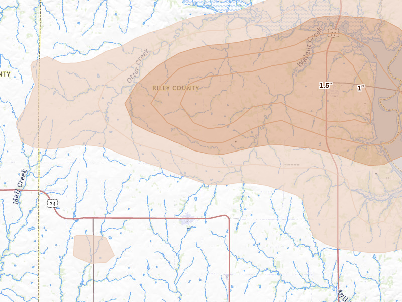 Radar-estimated hail-size map of the storm over Leonardville, KS on Jun 10, 2026