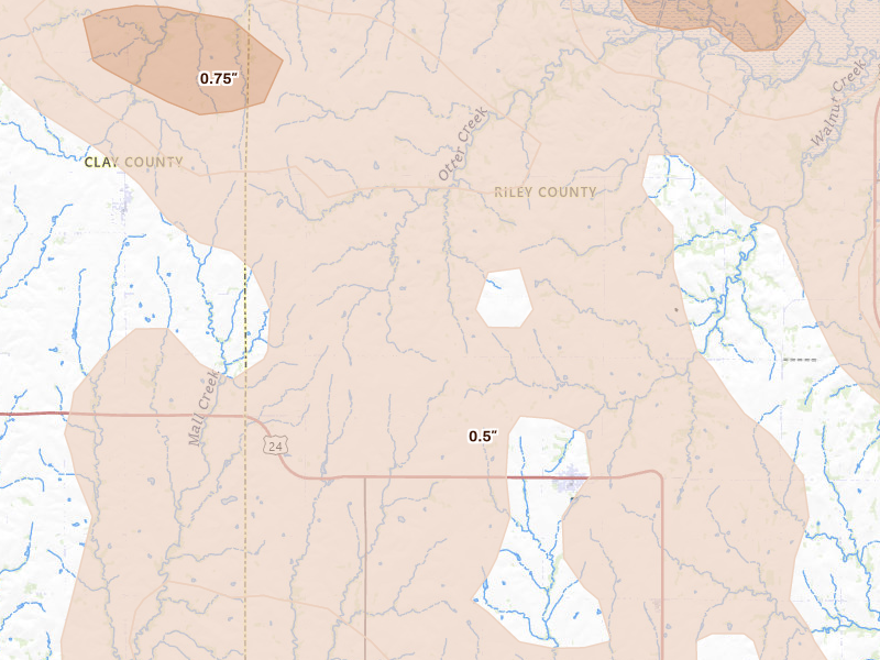 Radar-estimated hail-size map of the storm over Leonardville, KS on Aug 6, 2026