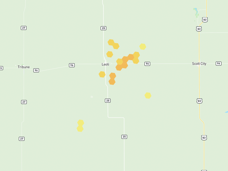 Hail map of Leoti, KS on Jul 2, 2026, hail up to 1.25"