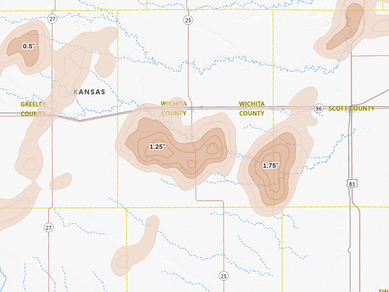 Radar-estimated hail-size map of the storm over Leoti, KS on Aug 13, 2026