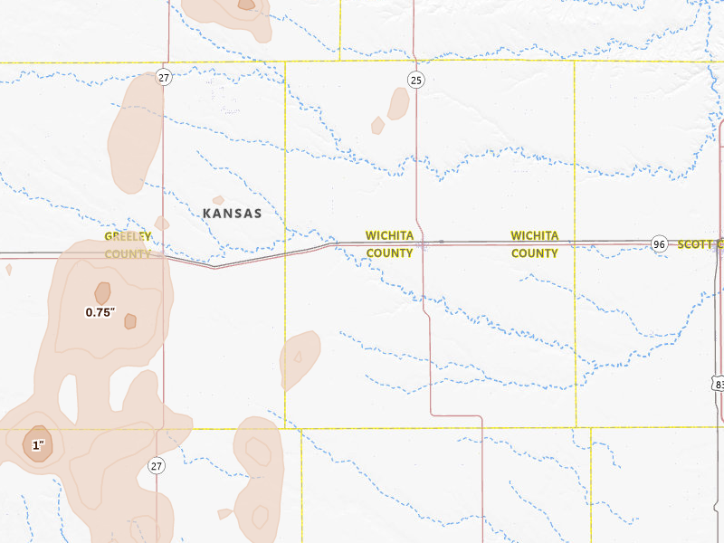 Radar-estimated hail-size map of the storm over Leoti, KS on Aug 14, 2026