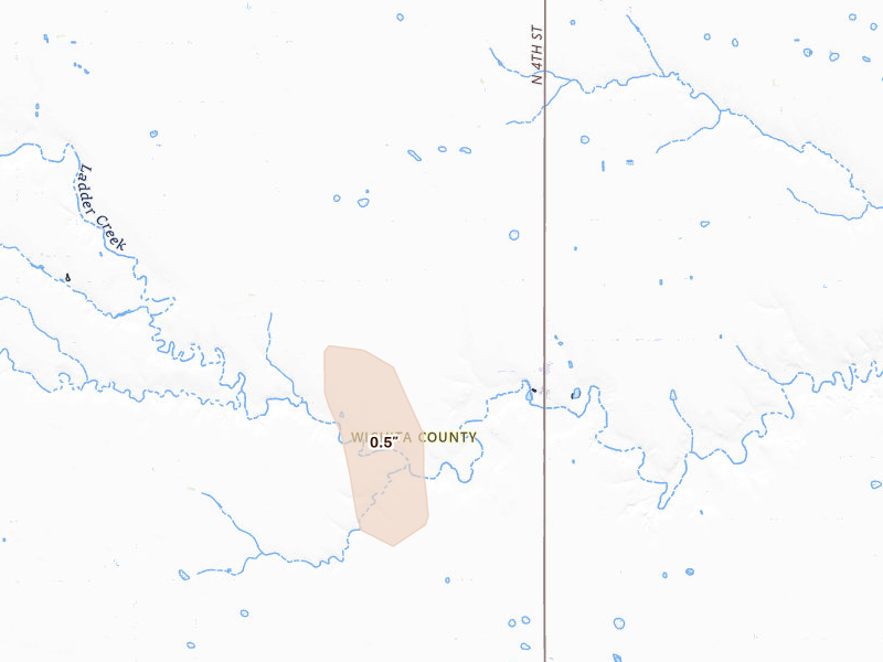 Radar-estimated hail-size map of the storm over Leoti, KS on Aug 19, 2026