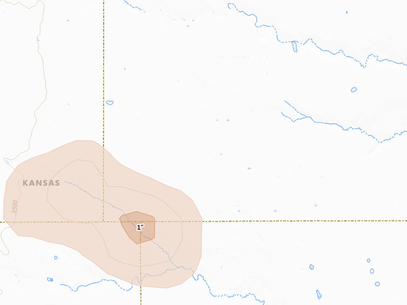 Radar-estimated hail-size map of the storm over Leoti, KS on Aug 25, 2026