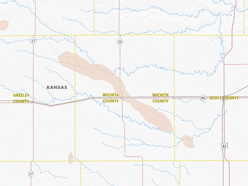 Radar-estimated hail-size map of the storm over Leoti, KS on Aug 26, 2026