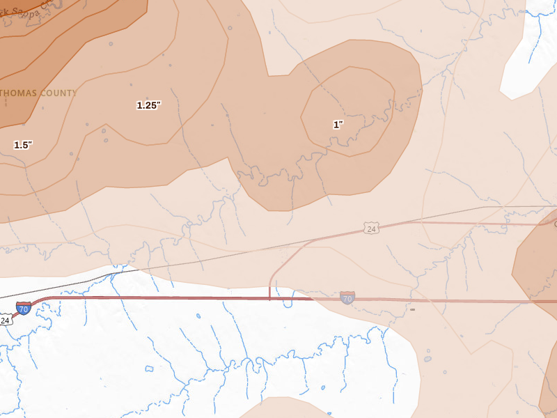 Radar-estimated hail-size map of the storm over Levant, KS on Jun 20, 2026