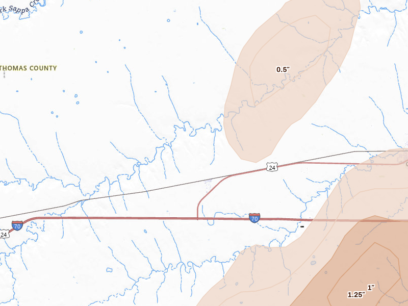 Radar-estimated hail-size map of the storm over Levant, KS on Jul 1, 2026