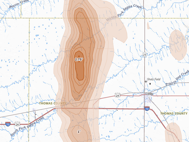 Radar-estimated hail-size map of the storm over Levant, KS on Aug 20, 2026
