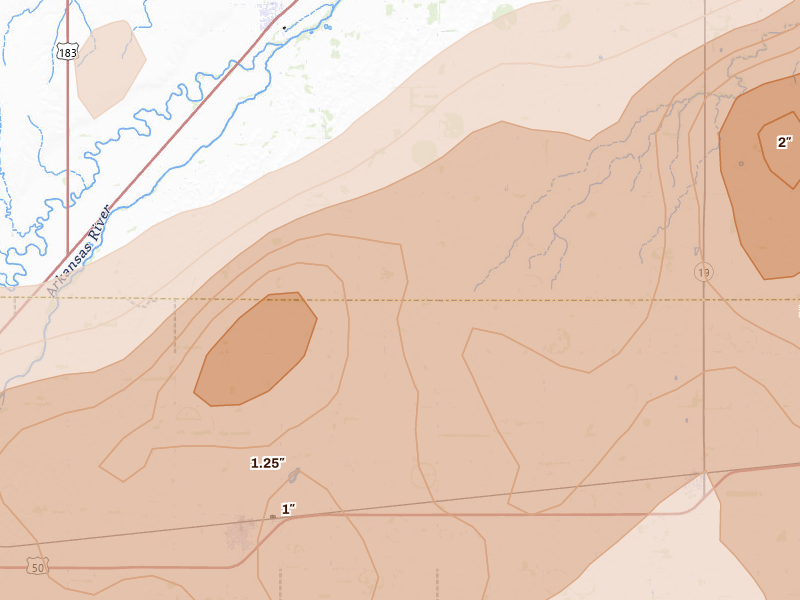 Radar-estimated hail-size map of the storm over Lewis, KS on May 18, 2026
