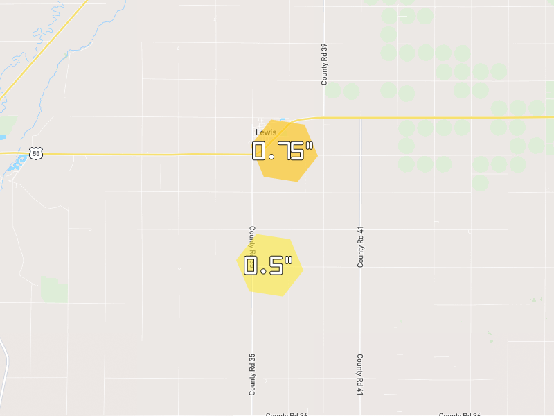 Hail map of Lewis, KS on Jun 2, 2026, hail up to 0.75"