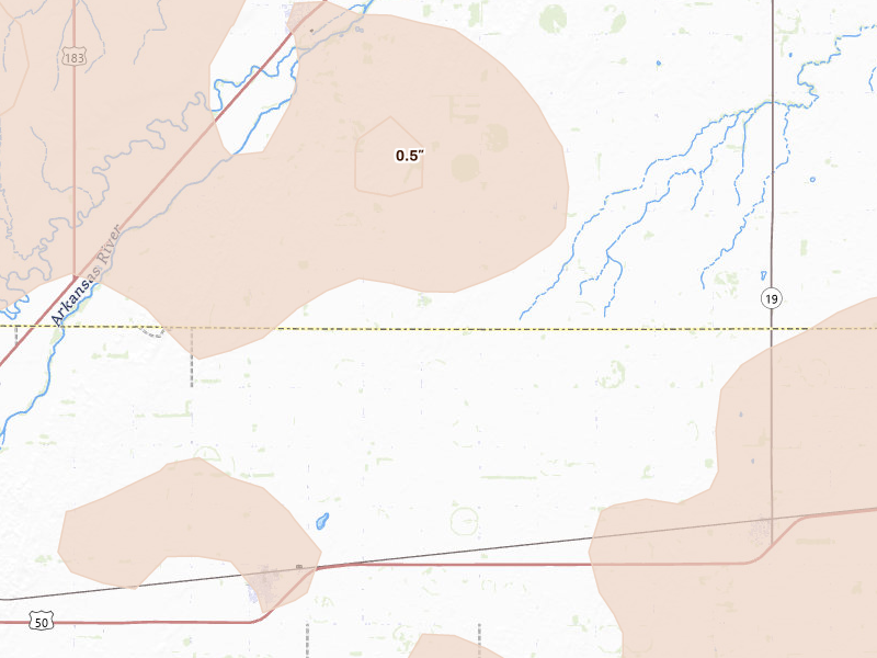 Radar-estimated hail-size map of the storm over Lewis, KS on Jun 20, 2026