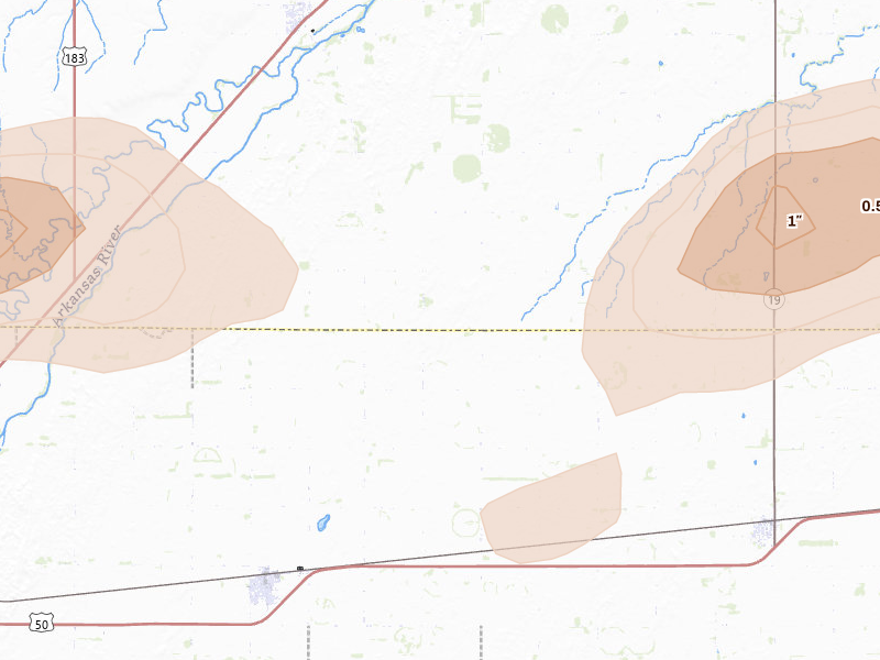 Radar-estimated hail-size map of the storm over Lewis, KS on Jul 9, 2026