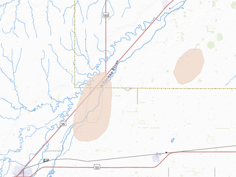 Radar-estimated hail-size map of the storm over Lewis, KS on Aug 14, 2026
