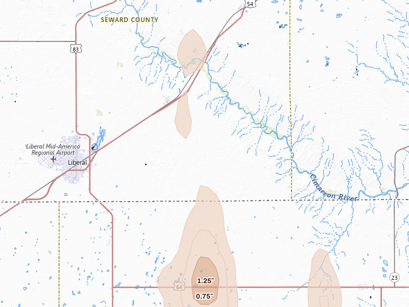 Radar-estimated hail-size map of the storm over Liberal, KS on Jun 3, 2026