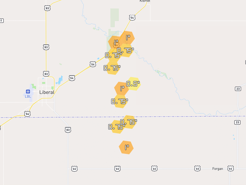 Hail map of Liberal, KS on Jun 3, 2026, hail up to 1"