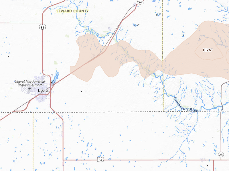 Radar-estimated hail-size map of the storm over Liberal, KS on Jun 12, 2026