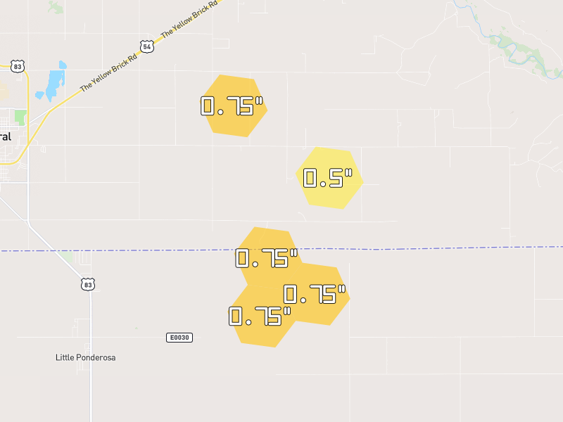 Hail map of Liberal, KS on Jun 27, 2026, hail up to 0.75"