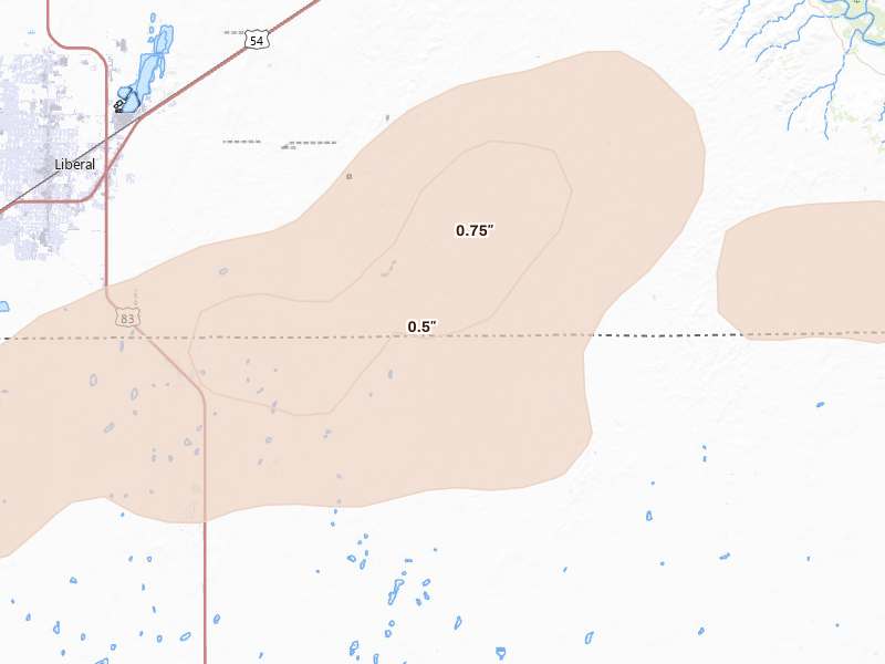 Radar-estimated hail-size map of the storm over Liberal, KS on Jul 3, 2026