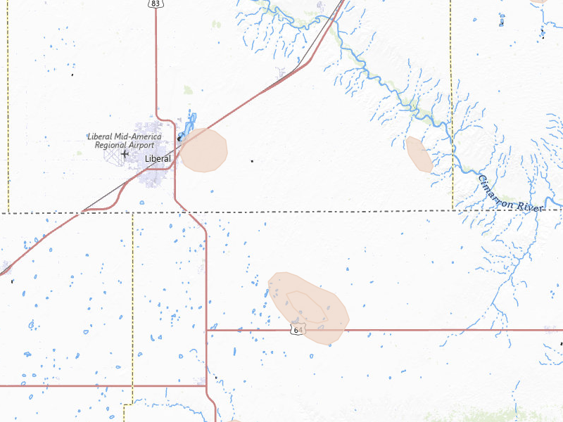 Radar-estimated hail-size map of the storm over Liberal, KS on Aug 6, 2026