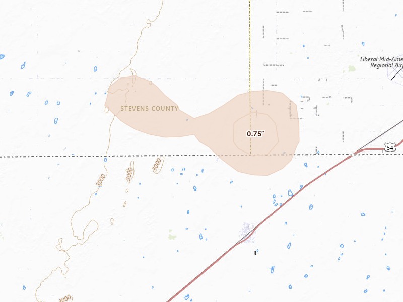Radar-estimated hail-size map of the storm over Liberal, KS on Aug 25, 2026
