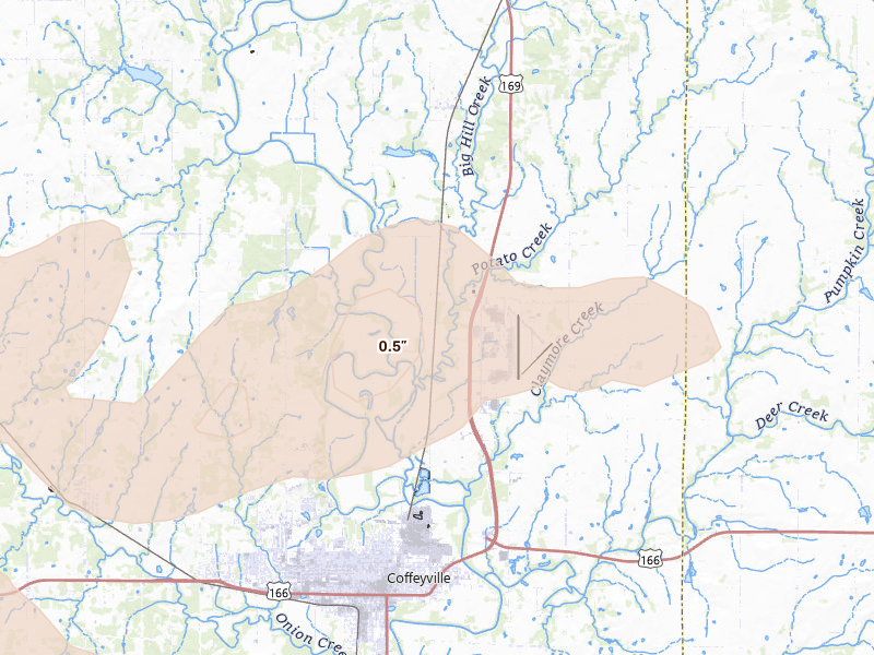 Radar-estimated hail-size map of the storm over Liberty, KS on Apr 25, 2026