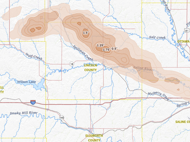 Radar-estimated hail-size map of the storm over Lincoln, KS on Apr 9, 2026