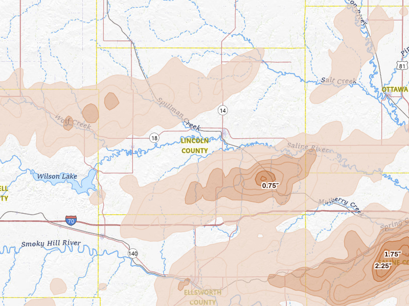 Radar-estimated hail-size map of the storm over Lincoln, KS on Apr 26, 2026