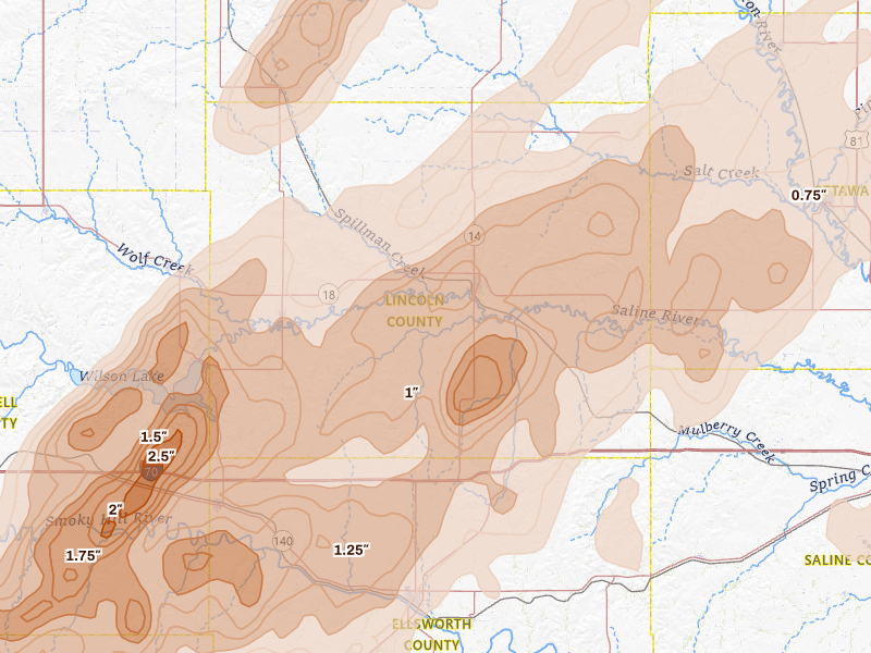 Radar-estimated hail-size map of the storm over Lincoln, KS on May 17, 2026