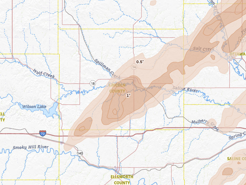 Radar-estimated hail-size map of the storm over Lincoln, KS on May 18, 2026