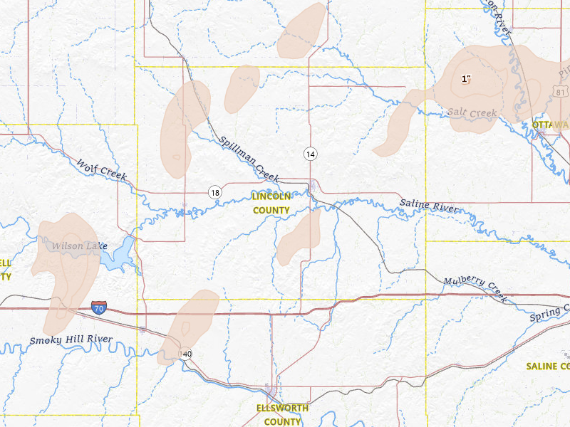 Radar-estimated hail-size map of the storm over Lincoln, KS on May 29, 2026