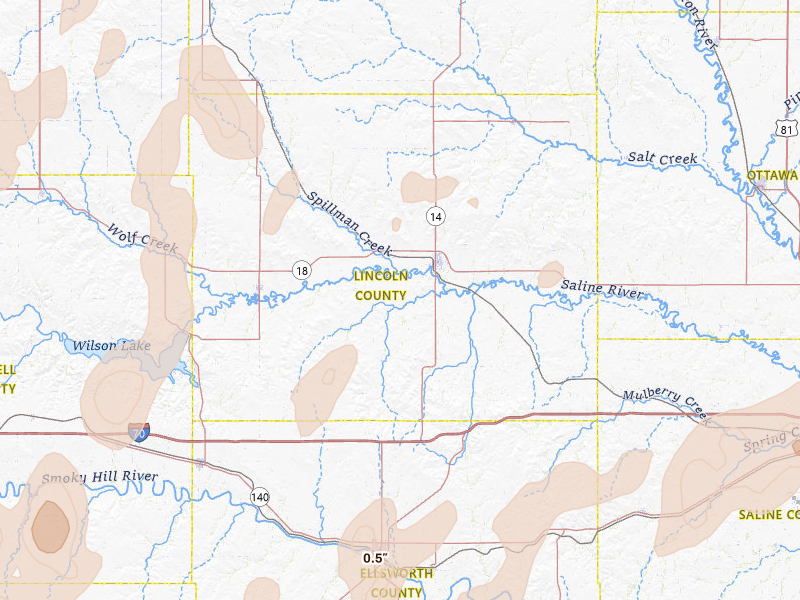 Radar-estimated hail-size map of the storm over Lincoln, KS on May 30, 2026