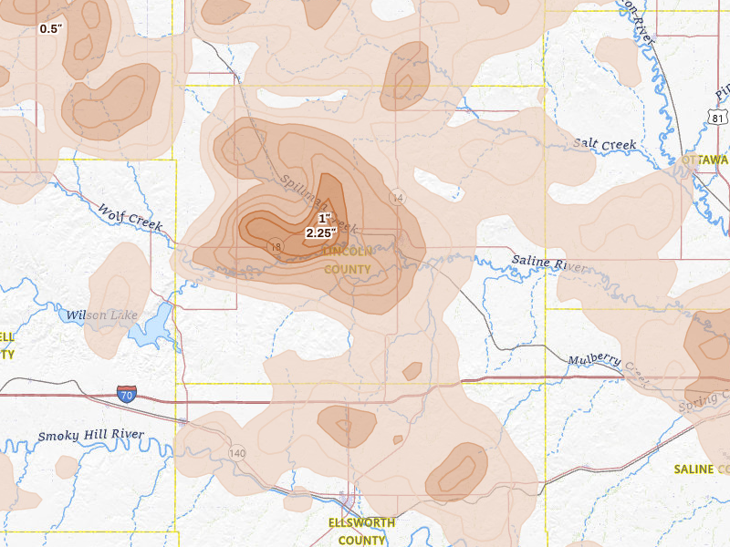 Radar-estimated hail-size map of the storm over Lincoln, KS on Jun 8, 2026