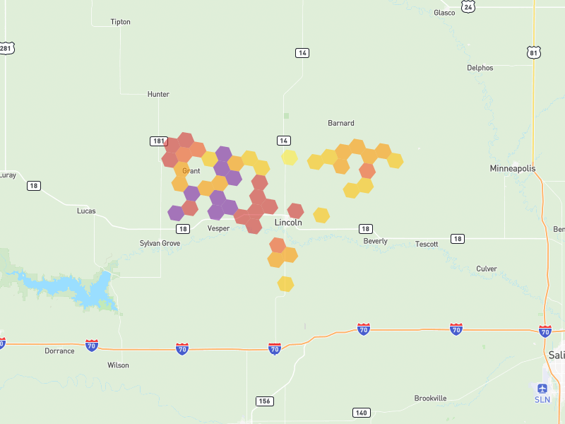 Hail map of Lincoln, KS on Jun 9, 2026, hail up to 3.5"