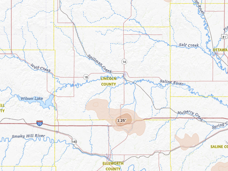 Radar-estimated hail-size map of the storm over Lincoln, KS on Jun 19, 2026