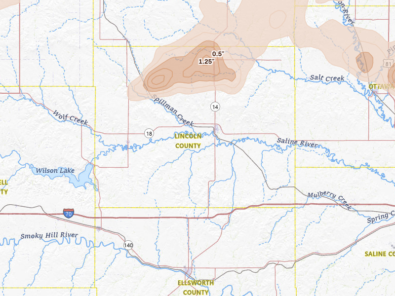 Radar-estimated hail-size map of the storm over Lincoln, KS on Jul 3, 2026