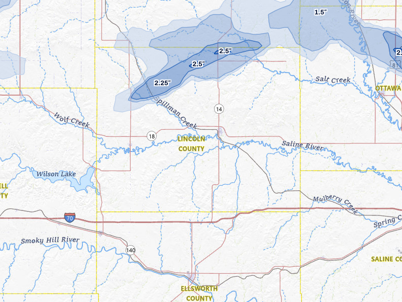 NEXRAD radar-signature map of the hail storm over Lincoln, KS on Jul 3, 2026