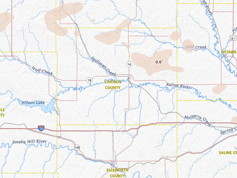 Radar-estimated hail-size map of the storm over Lincoln, KS on Jul 23, 2026